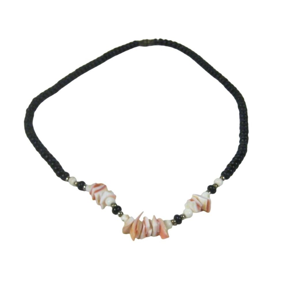 Handmade Black Wooden Beaded Necklace Shell Glass Beads Vintage 18 inch Beach